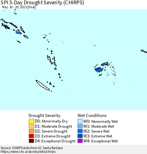Fiji, Samoa, Solomon Isl. and Vanuatu SPI 5-Day Drought Severity (CHIRPS) Thematic Map For 5/16/2023 - 5/20/2023