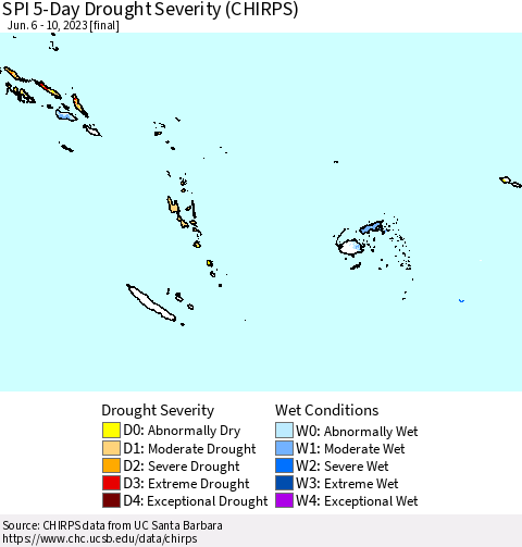 Fiji, Samoa, Solomon Isl. and Vanuatu SPI 5-Day Drought Severity (CHIRPS) Thematic Map For 6/6/2023 - 6/10/2023