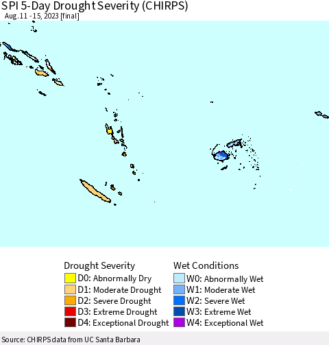Fiji, Samoa, Solomon Isl. and Vanuatu SPI 5-Day Drought Severity (CHIRPS) Thematic Map For 8/11/2023 - 8/15/2023