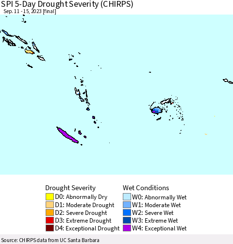 Fiji, Samoa, Solomon Isl. and Vanuatu SPI 5-Day Drought Severity (CHIRPS) Thematic Map For 9/11/2023 - 9/15/2023