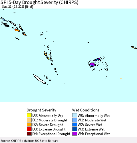 Fiji, Samoa, Solomon Isl. and Vanuatu SPI 5-Day Drought Severity (CHIRPS) Thematic Map For 9/21/2023 - 9/25/2023