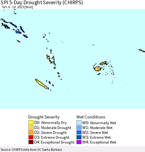 Fiji, Samoa, Solomon Isl. and Vanuatu SPI 5-Day Drought Severity (CHIRPS) Thematic Map For 10/6/2023 - 10/10/2023