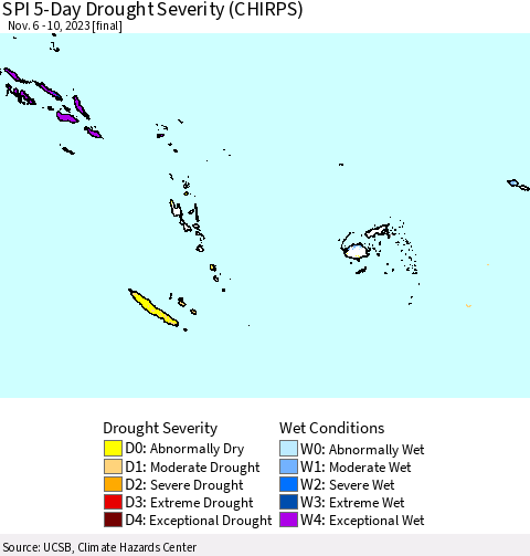 Fiji, Samoa, Solomon Isl. and Vanuatu SPI 5-Day Drought Severity (CHIRPS) Thematic Map For 11/6/2023 - 11/10/2023