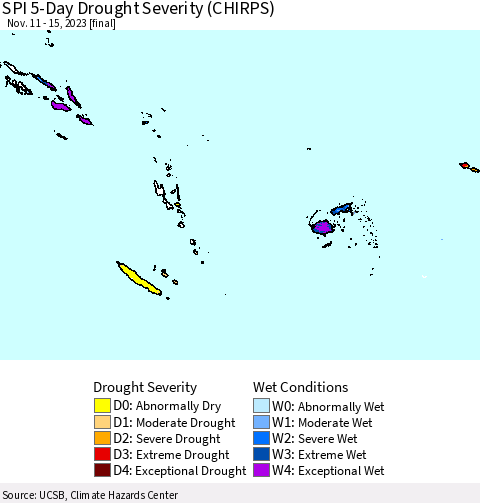 Fiji, Samoa, Solomon Isl. and Vanuatu SPI 5-Day Drought Severity (CHIRPS) Thematic Map For 11/11/2023 - 11/15/2023