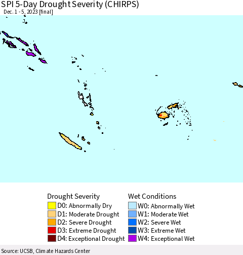Fiji, Samoa, Solomon Isl. and Vanuatu SPI 5-Day Drought Severity (CHIRPS) Thematic Map For 12/1/2023 - 12/5/2023