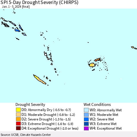 Fiji, Samoa, Solomon Isl. and Vanuatu SPI 5-Day Drought Severity (CHIRPS) Thematic Map For 1/1/2024 - 1/5/2024