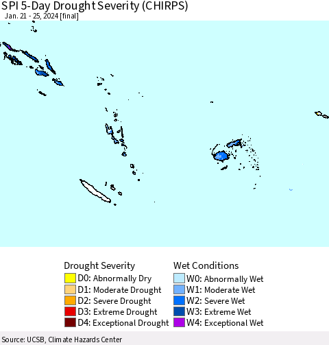 Fiji, Samoa, Solomon Isl. and Vanuatu SPI 5-Day Drought Severity (CHIRPS) Thematic Map For 1/21/2024 - 1/25/2024