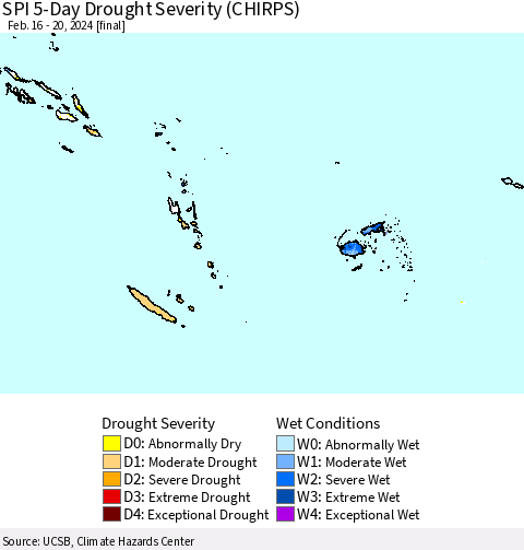 Fiji, Samoa, Solomon Isl. and Vanuatu SPI 5-Day Drought Severity (CHIRPS) Thematic Map For 2/16/2024 - 2/20/2024