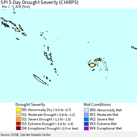 Fiji, Samoa, Solomon Isl. and Vanuatu SPI 5-Day Drought Severity (CHIRPS) Thematic Map For 3/1/2024 - 3/5/2024