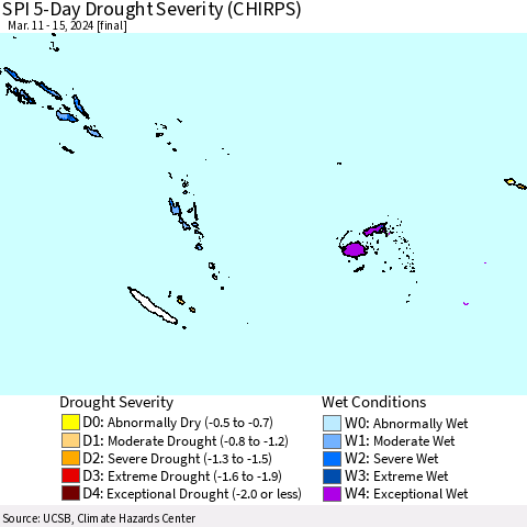 Fiji, Samoa, Solomon Isl. and Vanuatu SPI 5-Day Drought Severity (CHIRPS) Thematic Map For 3/11/2024 - 3/15/2024