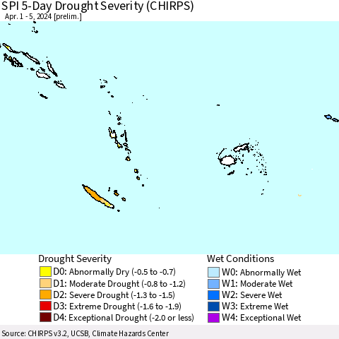 Fiji, Samoa, Solomon Isl. and Vanuatu SPI 5-Day Drought Severity (CHIRPS) Thematic Map For 4/1/2024 - 4/5/2024