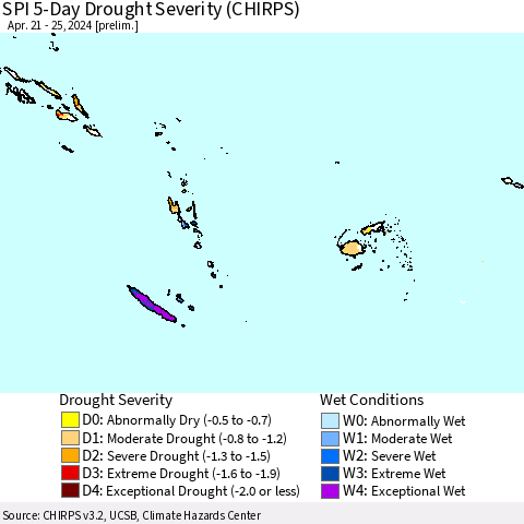Fiji, Samoa, Solomon Isl. and Vanuatu SPI 5-Day Drought Severity (CHIRPS) Thematic Map For 4/21/2024 - 4/25/2024