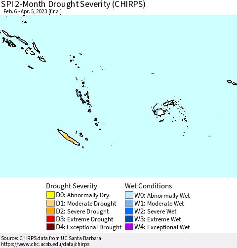 Fiji, Samoa, Solomon Isl. and Vanuatu SPI 2-Month Drought Severity (CHIRPS) Thematic Map For 2/6/2023 - 4/5/2023