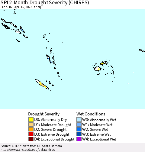 Fiji, Samoa, Solomon Isl. and Vanuatu SPI 2-Month Drought Severity (CHIRPS) Thematic Map For 2/16/2023 - 4/15/2023