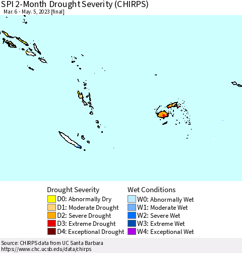 Fiji, Samoa, Solomon Isl. and Vanuatu SPI 2-Month Drought Severity (CHIRPS) Thematic Map For 3/6/2023 - 5/5/2023