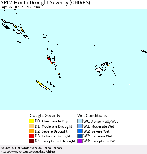 Fiji, Samoa, Solomon Isl. and Vanuatu SPI 2-Month Drought Severity (CHIRPS) Thematic Map For 4/26/2023 - 6/25/2023