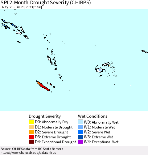 Fiji, Samoa, Solomon Isl. and Vanuatu SPI 2-Month Drought Severity (CHIRPS) Thematic Map For 5/21/2023 - 7/20/2023