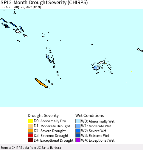 Fiji, Samoa, Solomon Isl. and Vanuatu SPI 2-Month Drought Severity (CHIRPS) Thematic Map For 6/21/2023 - 8/20/2023