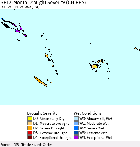 Fiji, Samoa, Solomon Isl. and Vanuatu SPI 2-Month Drought Severity (CHIRPS) Thematic Map For 10/26/2023 - 12/25/2023