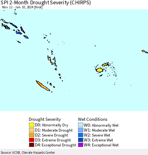 Fiji, Samoa, Solomon Isl. and Vanuatu SPI 2-Month Drought Severity (CHIRPS) Thematic Map For 11/11/2023 - 1/10/2024