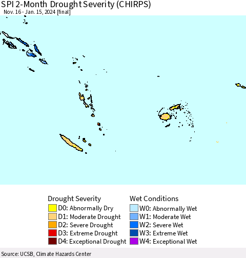 Fiji, Samoa, Solomon Isl. and Vanuatu SPI 2-Month Drought Severity (CHIRPS) Thematic Map For 11/16/2023 - 1/15/2024