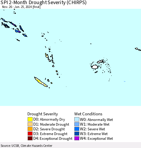 Fiji, Samoa, Solomon Isl. and Vanuatu SPI 2-Month Drought Severity (CHIRPS) Thematic Map For 11/26/2023 - 1/25/2024