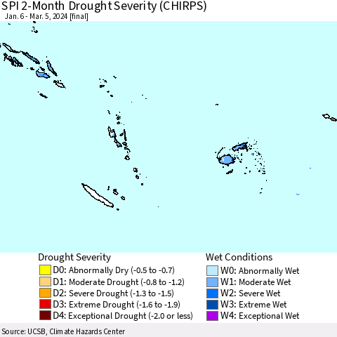 Fiji, Samoa, Solomon Isl. and Vanuatu SPI 2-Month Drought Severity (CHIRPS) Thematic Map For 1/6/2024 - 3/5/2024