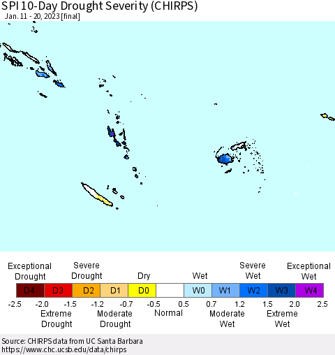 Fiji, Samoa, Solomon Isl. and Vanuatu SPI 10-Day Drought Severity (CHIRPS) Thematic Map For 1/11/2023 - 1/20/2023