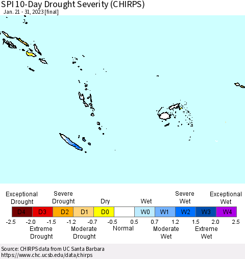 Fiji, Samoa, Solomon Isl. and Vanuatu SPI 10-Day Drought Severity (CHIRPS) Thematic Map For 1/21/2023 - 1/31/2023