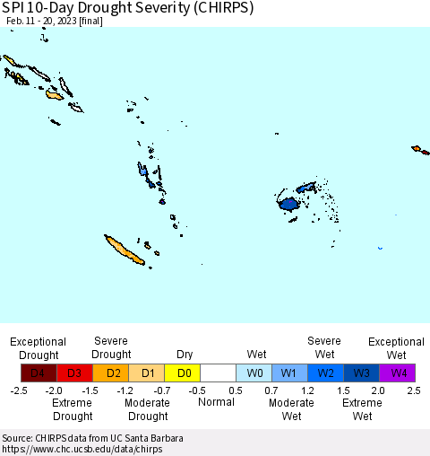 Fiji, Samoa, Solomon Isl. and Vanuatu SPI 10-Day Drought Severity (CHIRPS) Thematic Map For 2/11/2023 - 2/20/2023