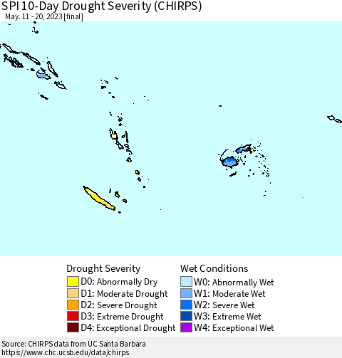 Fiji, Samoa, Solomon Isl. and Vanuatu SPI 10-Day Drought Severity (CHIRPS) Thematic Map For 5/11/2023 - 5/20/2023