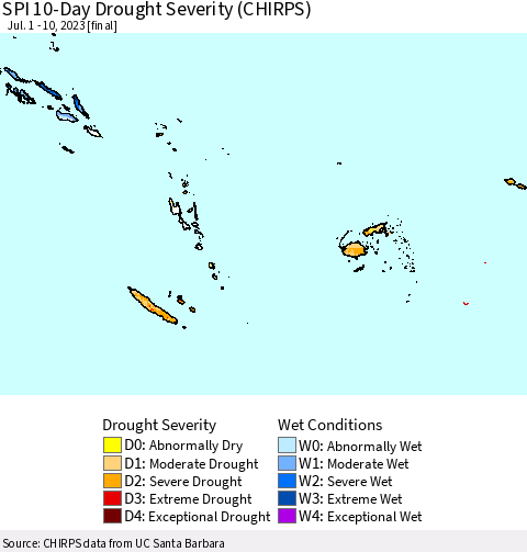 Fiji, Samoa, Solomon Isl. and Vanuatu SPI 10-Day Drought Severity (CHIRPS) Thematic Map For 7/1/2023 - 7/10/2023