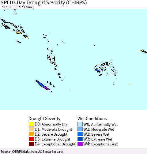 Fiji, Samoa, Solomon Isl. and Vanuatu SPI 10-Day Drought Severity (CHIRPS) Thematic Map For 9/6/2023 - 9/15/2023