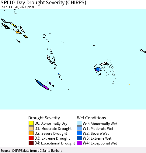 Fiji, Samoa, Solomon Isl. and Vanuatu SPI 10-Day Drought Severity (CHIRPS) Thematic Map For 9/11/2023 - 9/20/2023