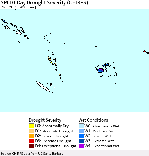 Fiji, Samoa, Solomon Isl. and Vanuatu SPI 10-Day Drought Severity (CHIRPS) Thematic Map For 9/21/2023 - 9/30/2023
