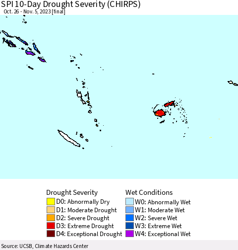 Fiji, Samoa, Solomon Isl. and Vanuatu SPI 10-Day Drought Severity (CHIRPS) Thematic Map For 10/26/2023 - 11/5/2023