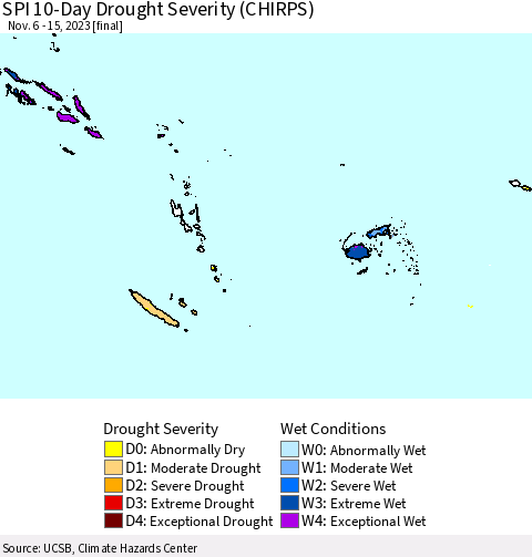 Fiji, Samoa, Solomon Isl. and Vanuatu SPI 10-Day Drought Severity (CHIRPS) Thematic Map For 11/6/2023 - 11/15/2023