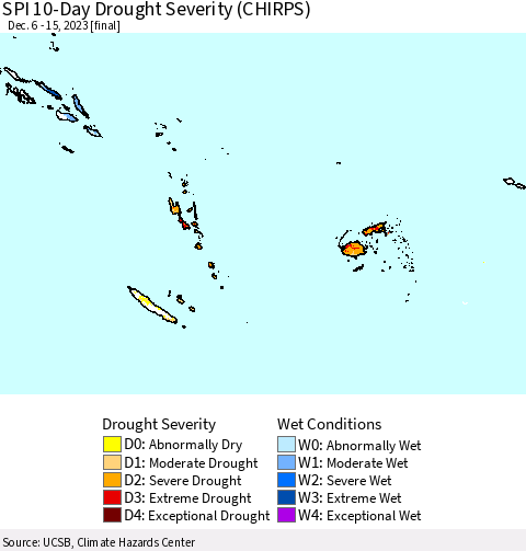 Fiji, Samoa, Solomon Isl. and Vanuatu SPI 10-Day Drought Severity (CHIRPS) Thematic Map For 12/6/2023 - 12/15/2023