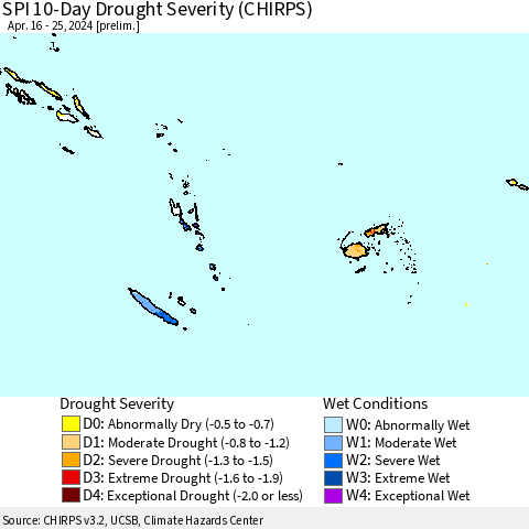 Fiji, Samoa, Solomon Isl. and Vanuatu SPI 10-Day Drought Severity (CHIRPS) Thematic Map For 4/16/2024 - 4/25/2024