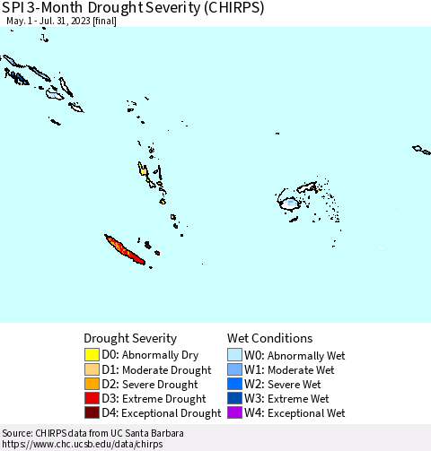 Fiji, Samoa, Solomon Isl. and Vanuatu SPI 3-Month Drought Severity (CHIRPS) Thematic Map For 5/1/2023 - 7/31/2023