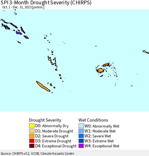 Fiji, Samoa, Solomon Isl. and Vanuatu SPI 3-Month Drought Severity (CHIRPS) Thematic Map For 10/1/2023 - 12/31/2023