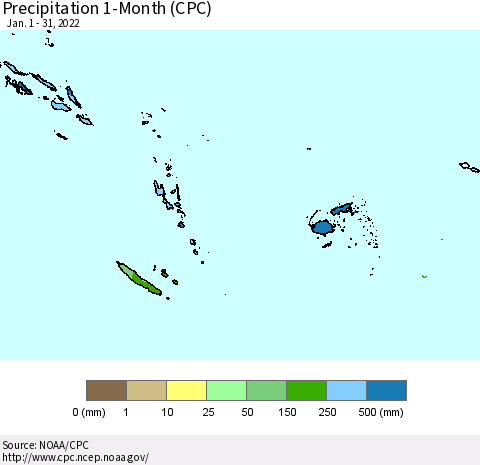 Fiji, Samoa, Solomon Isl. and Vanuatu Precipitation 1-Month (CPC) Thematic Map For 1/1/2022 - 1/31/2022
