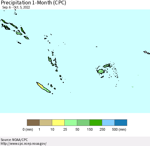 Fiji, Samoa, Solomon Isl. and Vanuatu Precipitation 1-Month (CPC) Thematic Map For 9/6/2022 - 10/5/2022