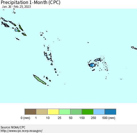 Fiji, Samoa, Solomon Isl. and Vanuatu Precipitation 1-Month (CPC) Thematic Map For 1/26/2023 - 2/25/2023