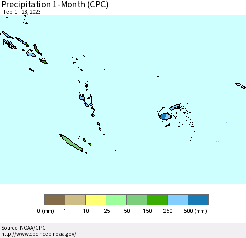 Fiji, Samoa, Solomon Isl. and Vanuatu Precipitation 1-Month (CPC) Thematic Map For 2/1/2023 - 2/28/2023