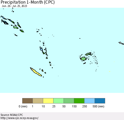 Fiji, Samoa, Solomon Isl. and Vanuatu Precipitation 1-Month (CPC) Thematic Map For 6/26/2023 - 7/25/2023