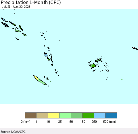 Fiji, Samoa, Solomon Isl. and Vanuatu Precipitation 1-Month (CPC) Thematic Map For 7/21/2023 - 8/20/2023