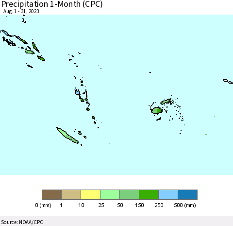 Fiji, Samoa, Solomon Isl. and Vanuatu Precipitation 1-Month (CPC) Thematic Map For 8/1/2023 - 8/31/2023