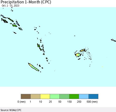 Fiji, Samoa, Solomon Isl. and Vanuatu Precipitation 1-Month (CPC) Thematic Map For 10/1/2023 - 10/31/2023