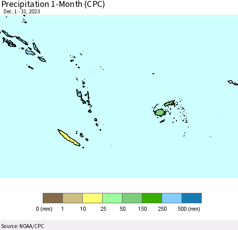 Fiji, Samoa, Solomon Isl. and Vanuatu Precipitation 1-Month (CPC) Thematic Map For 12/1/2023 - 12/31/2023